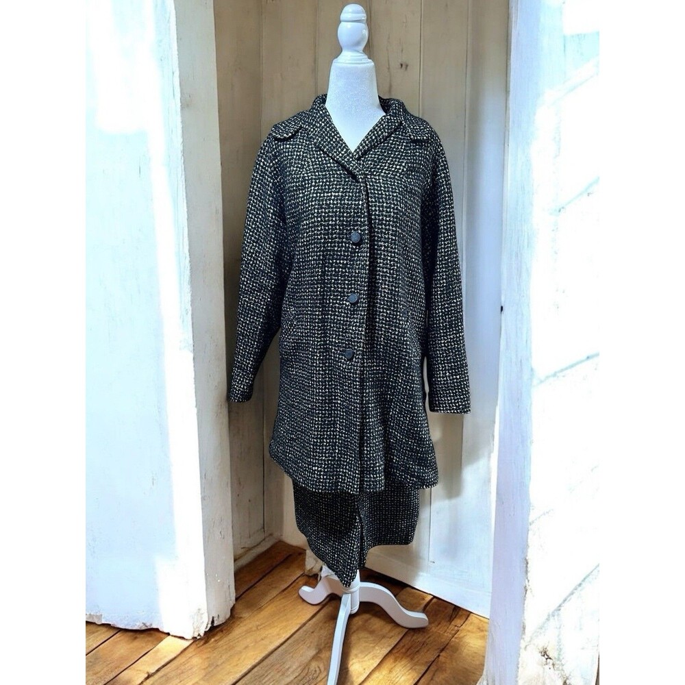 Vtg 1950s Town Talk Original Black White Bouclé Wool Tweed Skirt Suit M/L 28”W